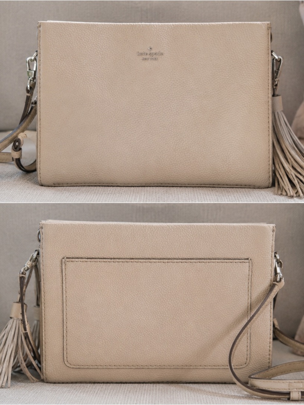 kate spade Beige Pebbled Leather Tassel Crossbody Bag